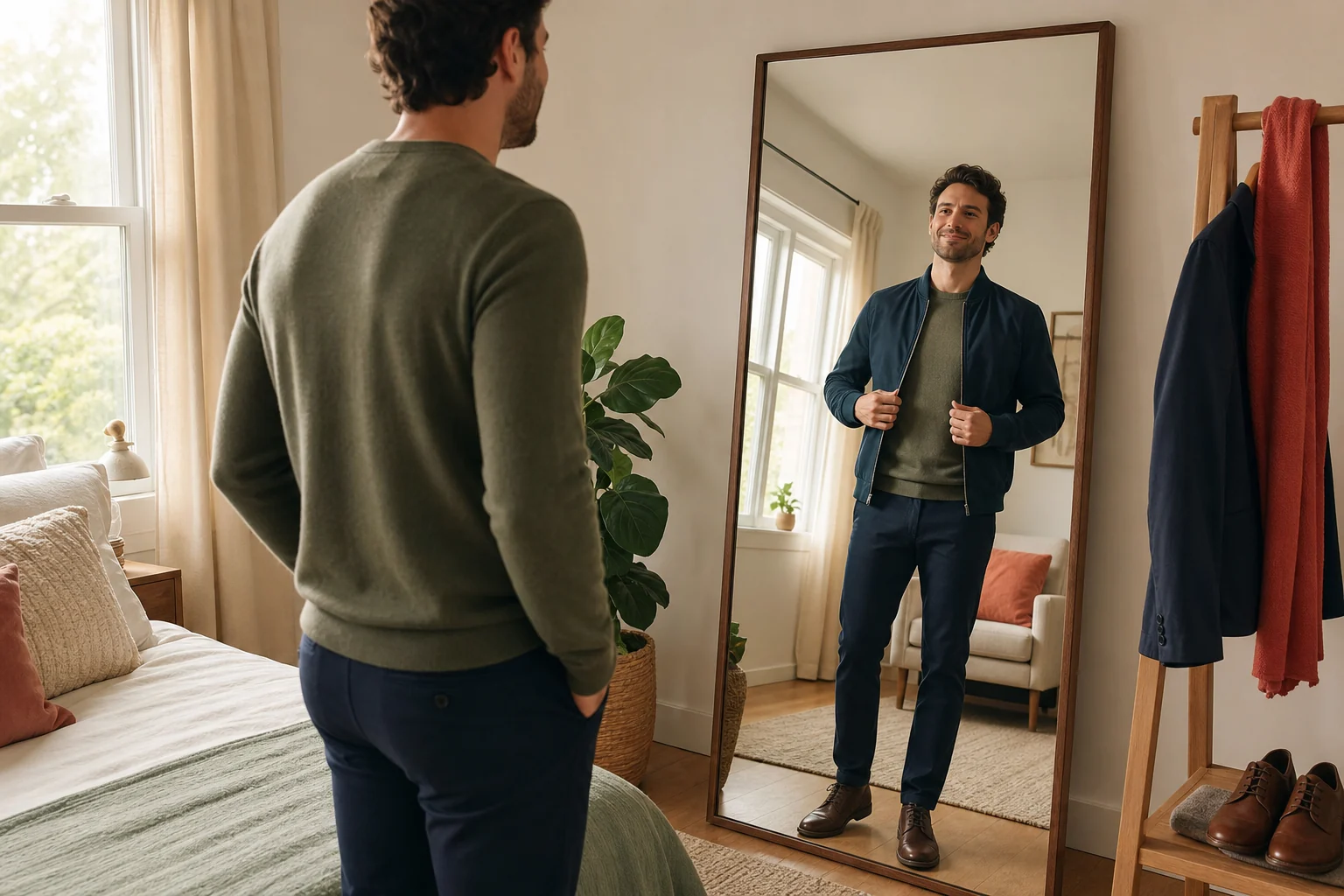 An adult preparing for a date with quiet confidence