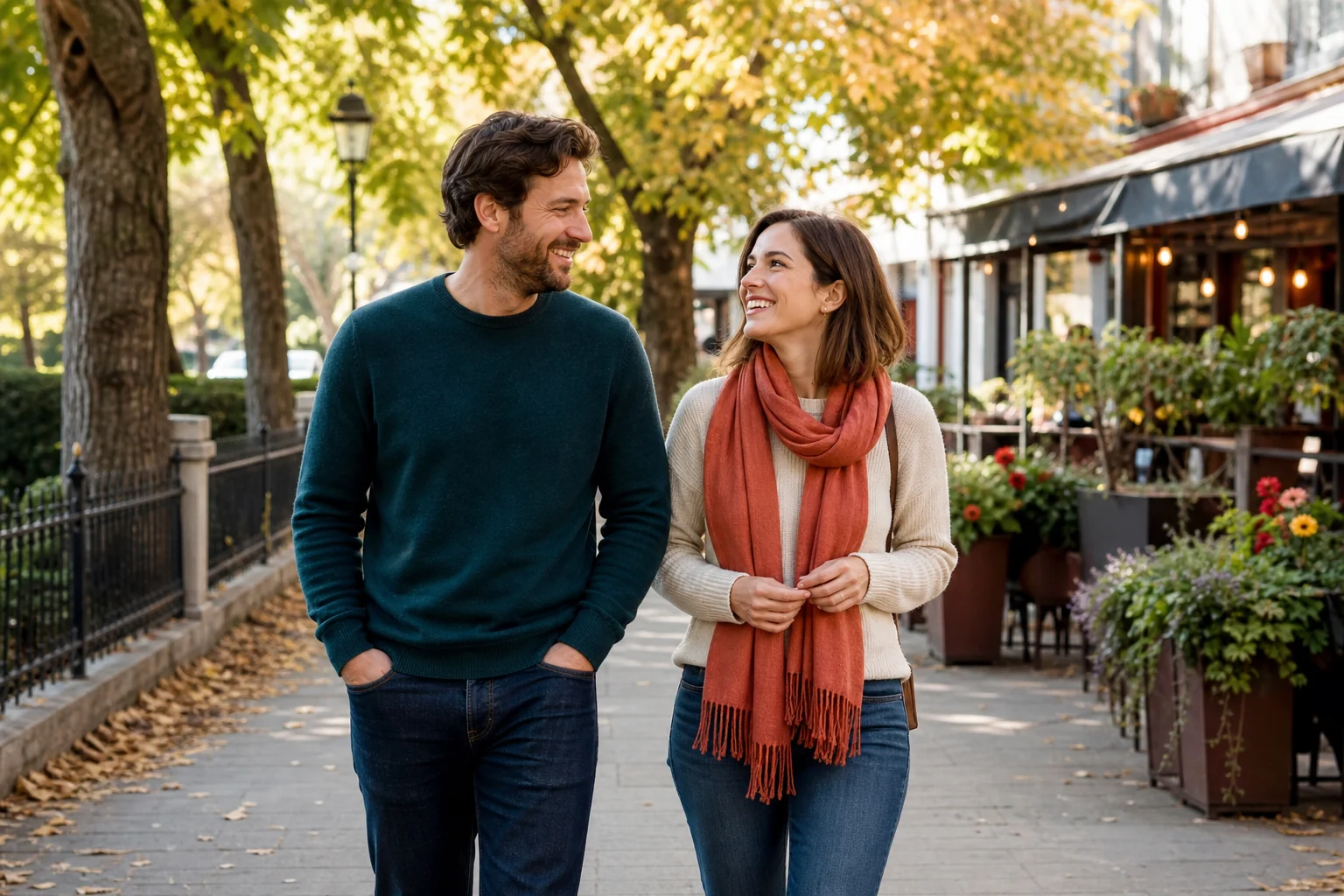 A couple talking during a relaxed first-date walk