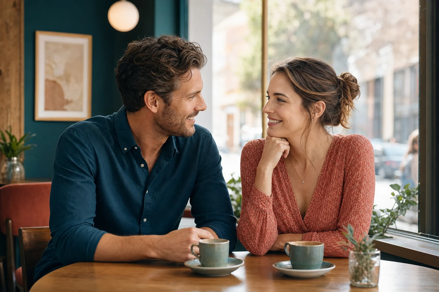 A couple connecting through an easy conversation on a date