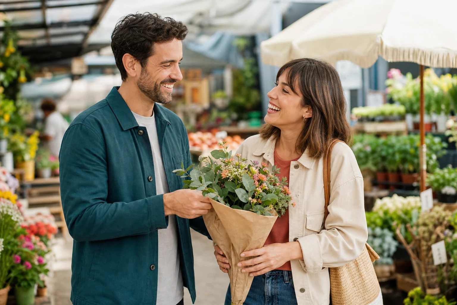 A couple enjoying an easy date at a neighborhood flower market
