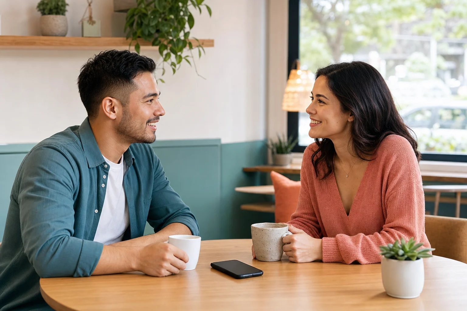 A couple enjoying a relaxed first-date conversation at a bright cafe