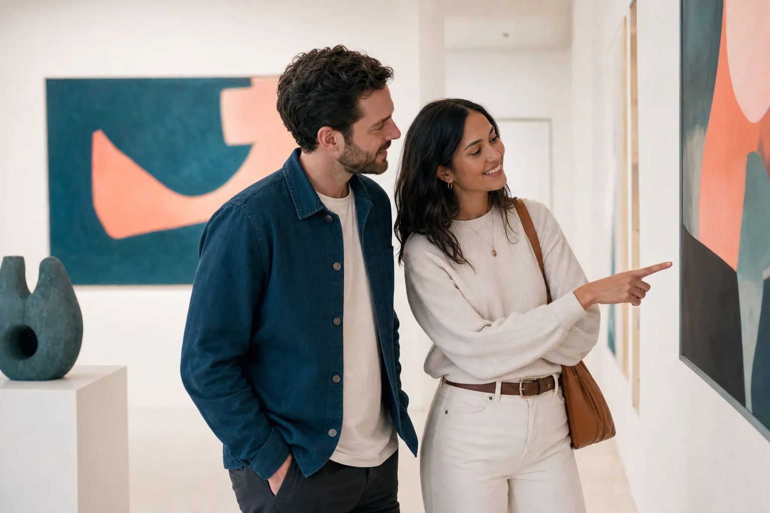 A couple enjoying a relaxed first date at an art gallery