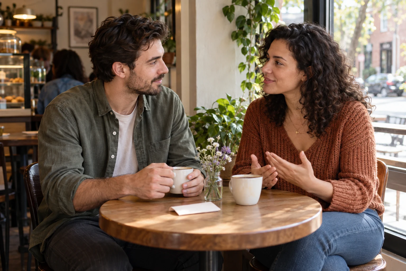 Two adults discussing something thoughtfully over coffee in a cafe