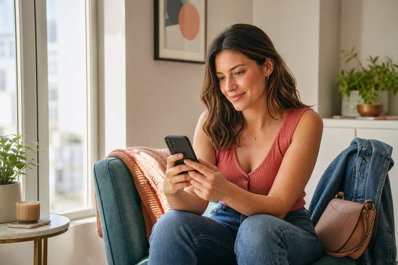 A woman thoughtfully editing her dating profile before going out