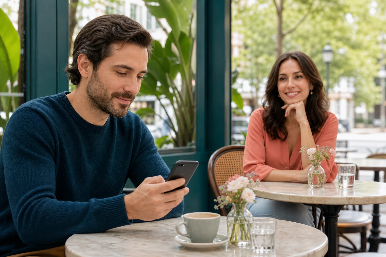 Two adults preparing for a safe first meeting in a public cafe