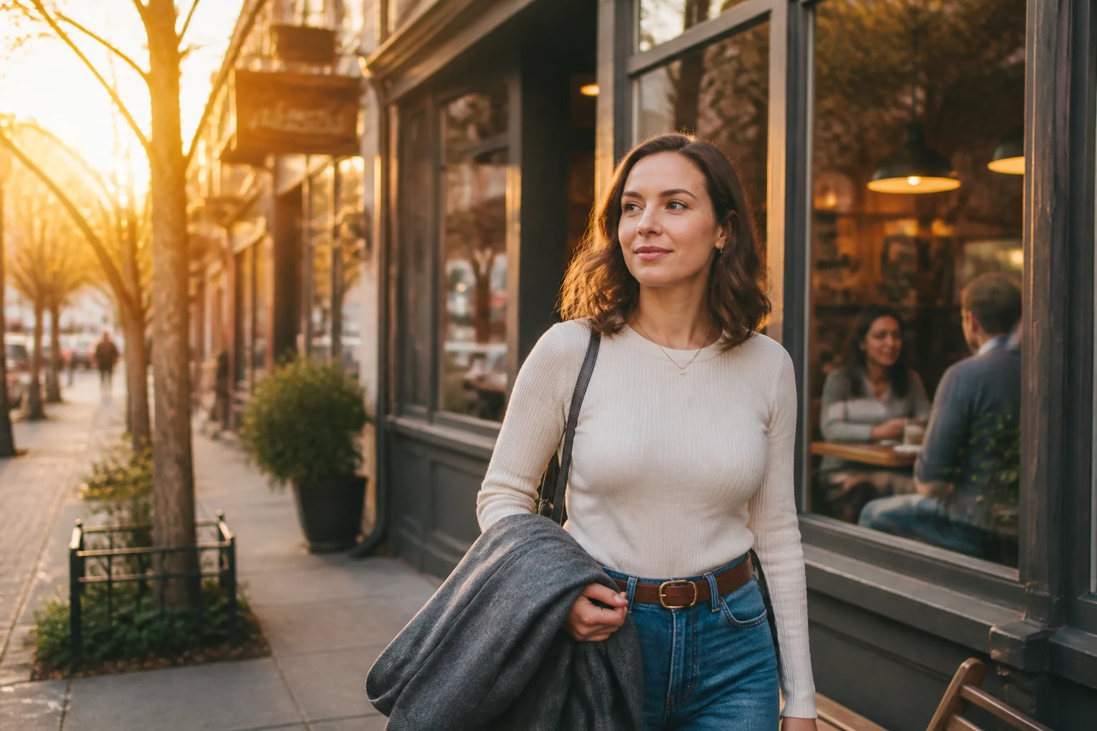 A woman outside a neighborhood cafe in late afternoon light