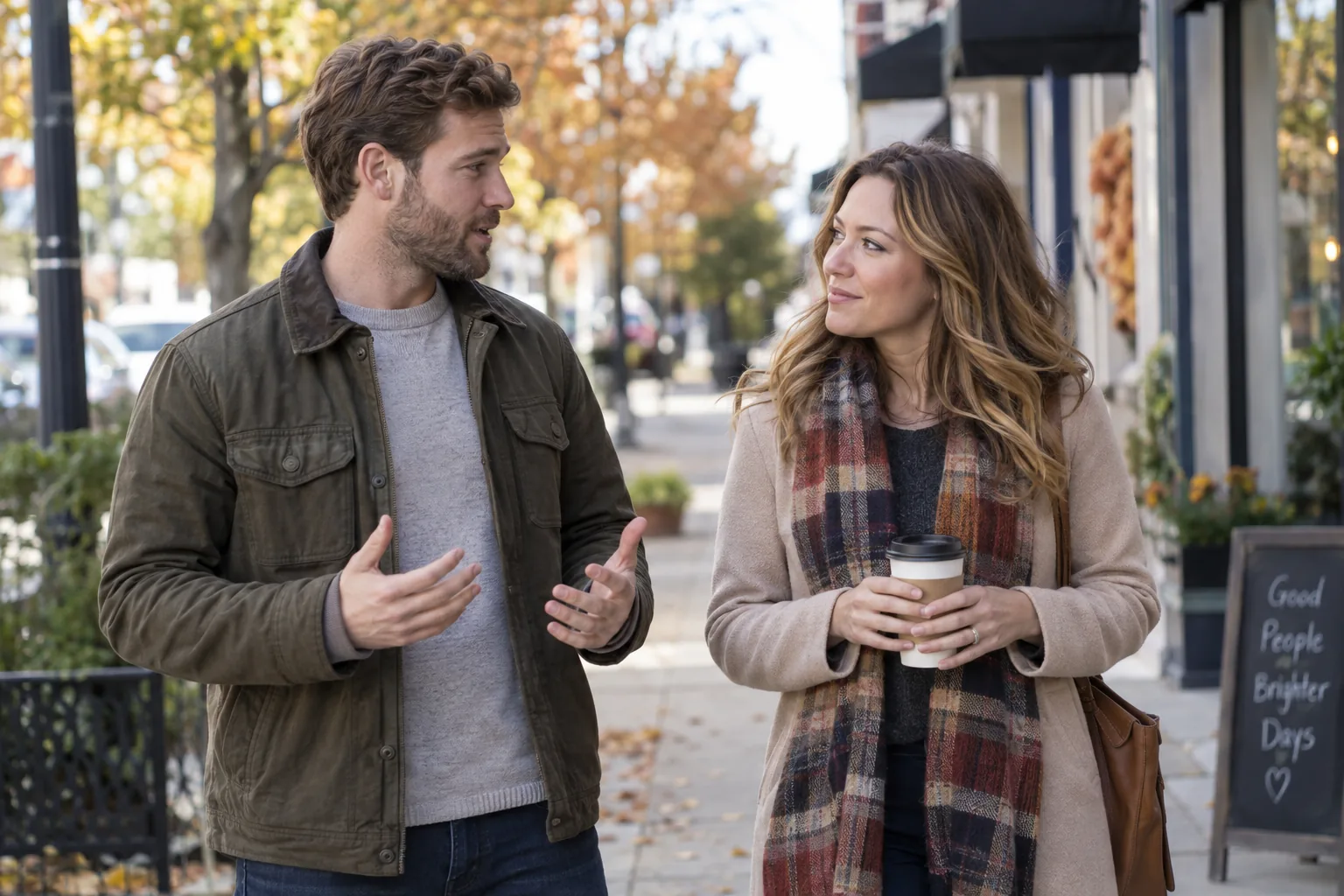 Two adults talking attentively on a neighborhood sidewalk