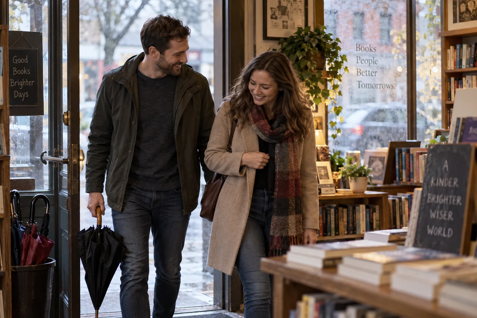 Two adults smiling as they arrive together at a neighborhood bookshop