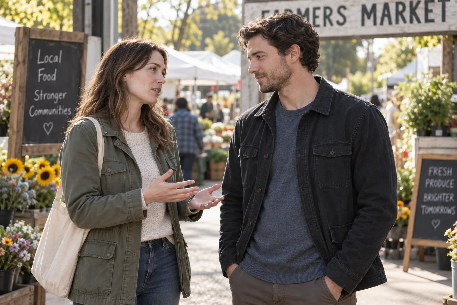 Two adults having a conversation while visiting an outdoor farmers market